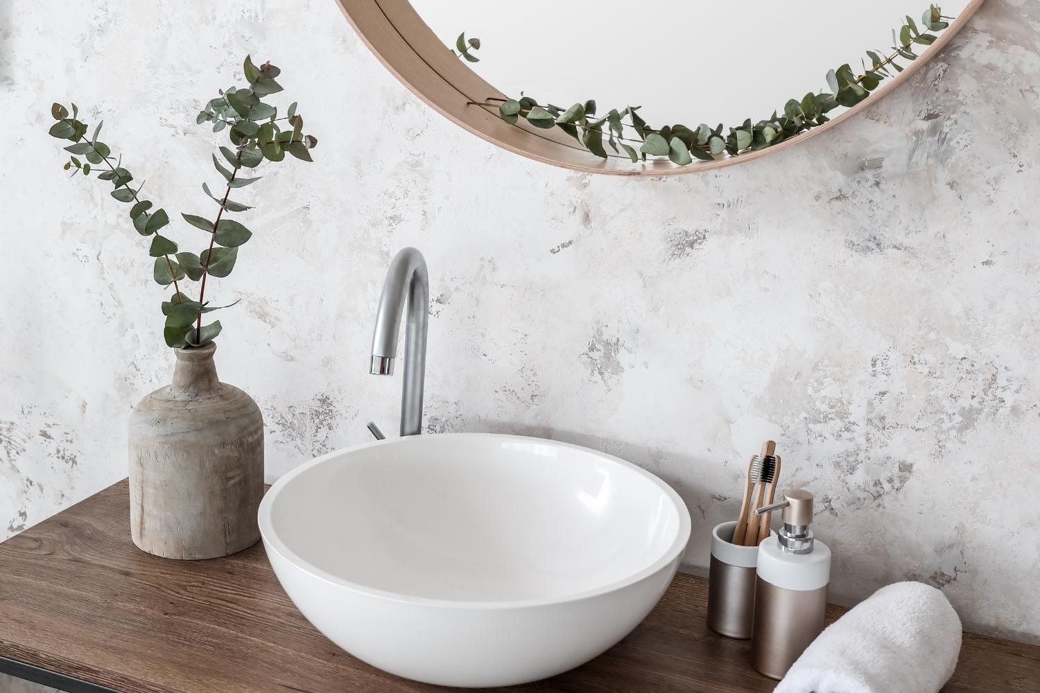 un lavabo de salle de bain avec un distributeur de savon ete une plante